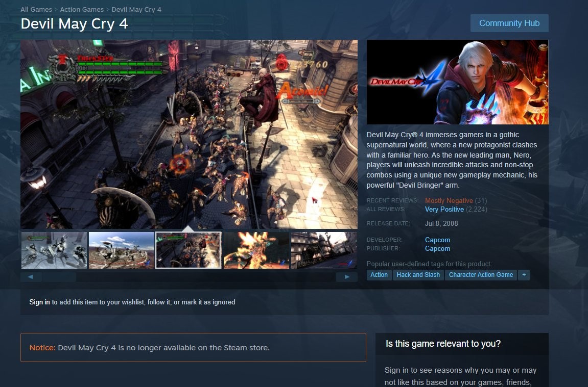 《鬼泣3：特別版》《鬼泣4》已從Steam下架停售